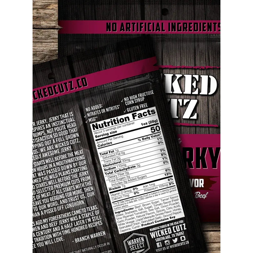 WICKED CUTZ, BEEF JERKY BBQ MESQUITE FLAVOR 2.75OZ $9.99