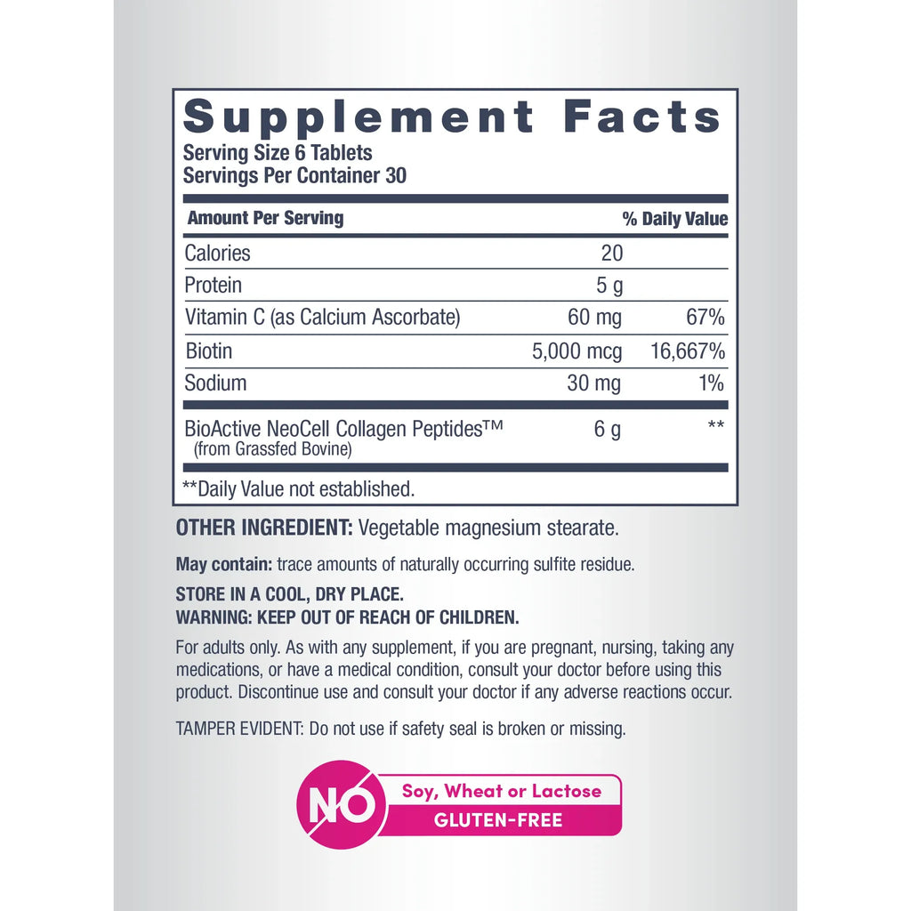 NEOCELL, COLLAGEN GRASSED PEPTIDES WITH VITAMIN C & BIOTIN 180TABLETS $17.99