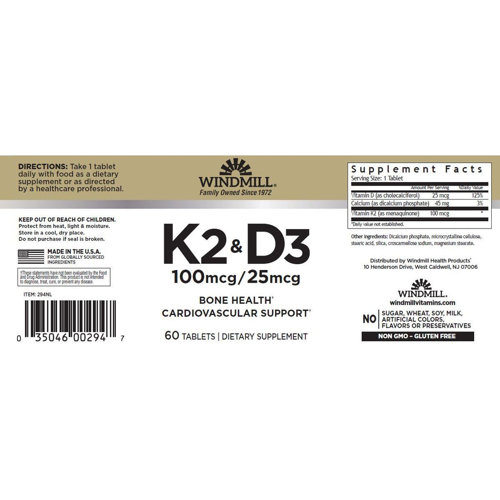 WINDMILL, K2 & D3 60 TABLETS $11.99