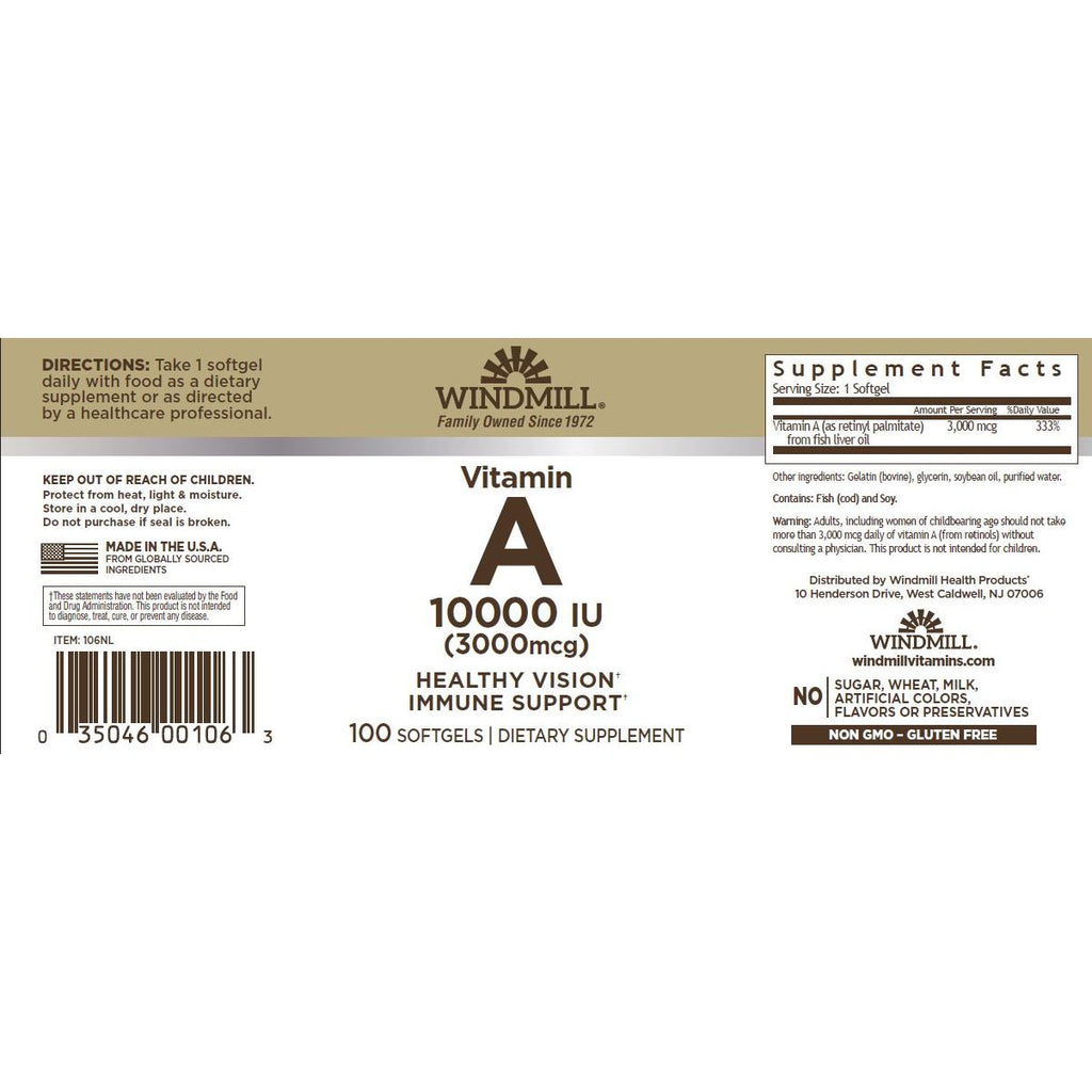WINDMILL, VITAMIN A 10,000 IU 100GELS $7.99