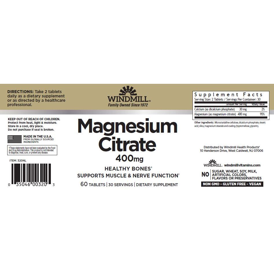 WINDMILL, MAGNESIUM CITRATE 400MG 60TAB $9.99