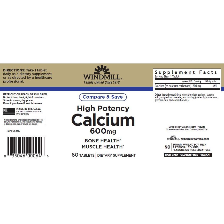 WINDMILL, CALCIUM 600MG 60TABLETS $6.99
