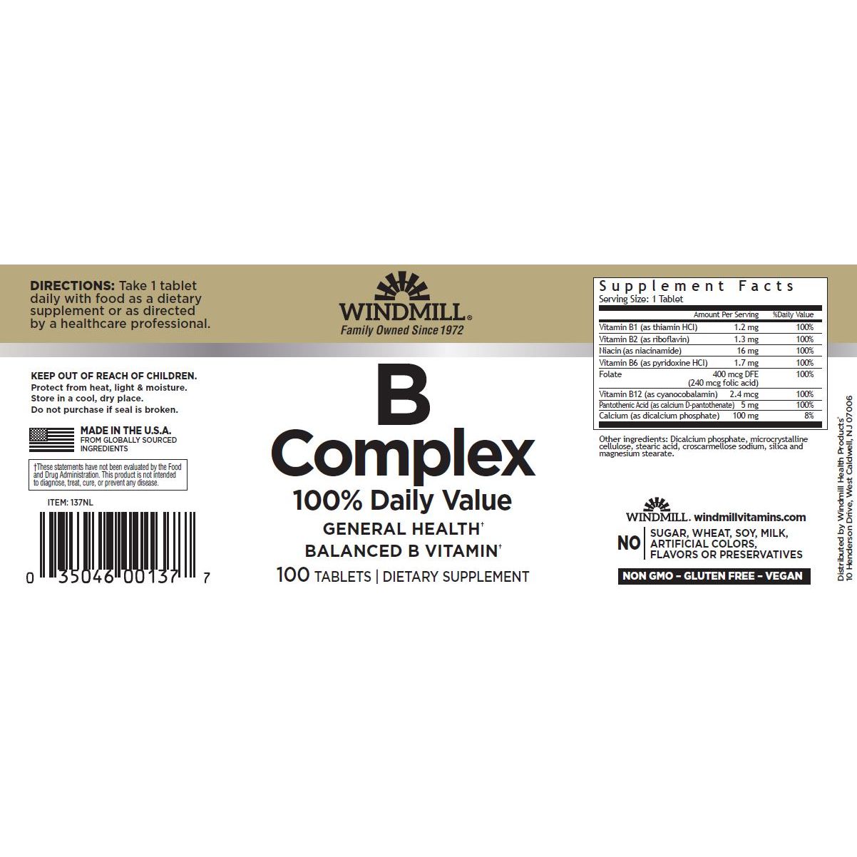 WINDMILL, B COMPLEX 100% VALUE 100TABLES $9.99